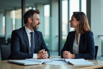 Deux professionnels en réunion dans un bureau moderne