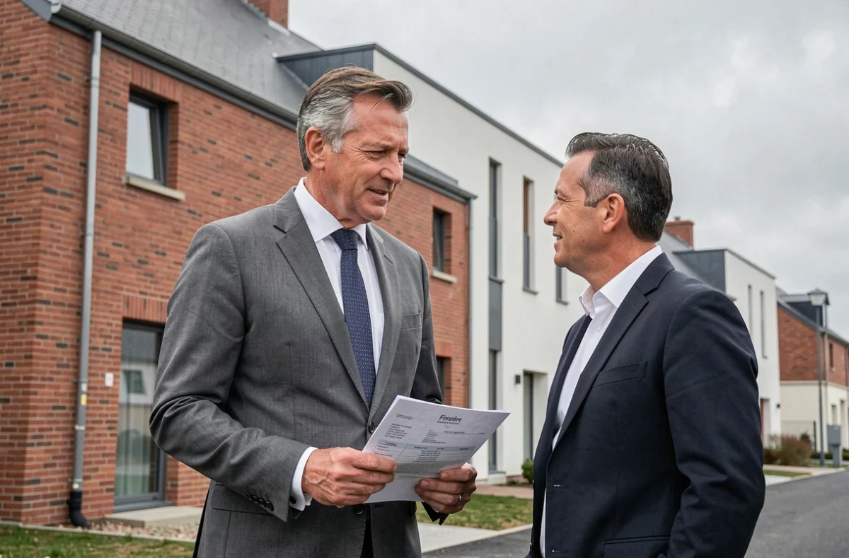 Spécialiste Renta Immo présentant un programme résidentiel dans le Finistère à un investisseur potentiel devant un immeuble locatif