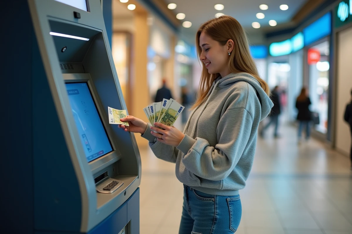 Jeune femme retirant des billets en euros à un distributeur automatique dans un centre commercial