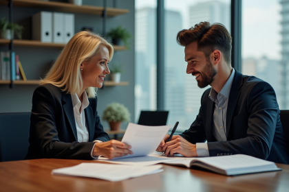 Femme et jeune homme en réunion d'affaires dans un bureau moderne