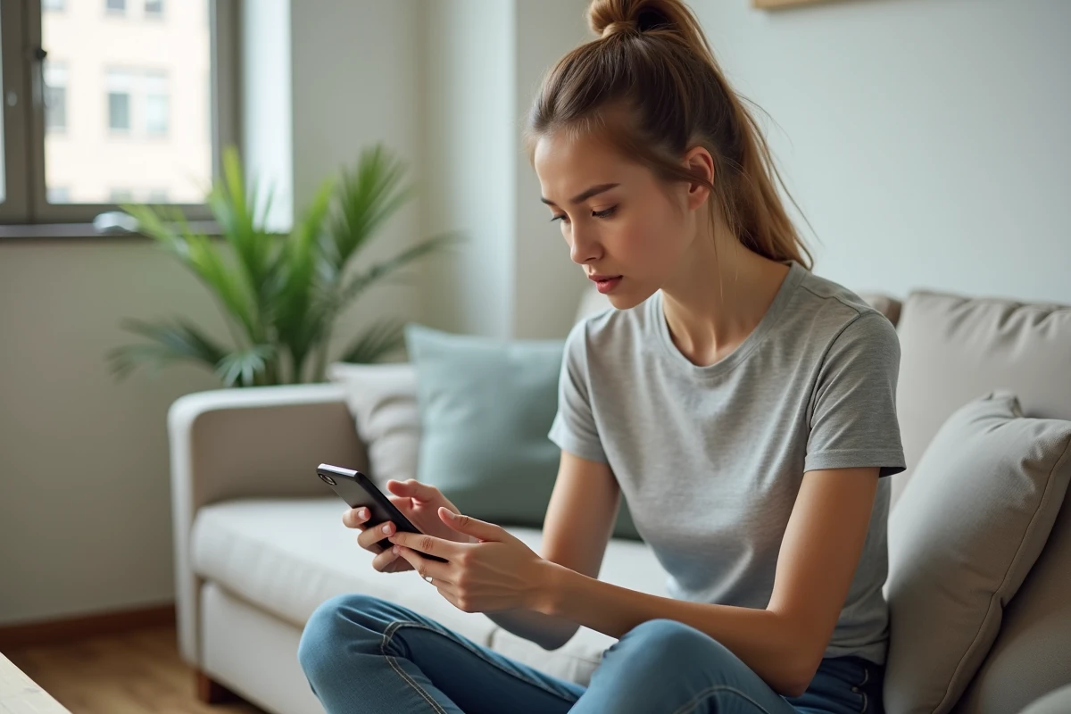 Femme consultant l'historique de transactions Valorant sur smartphone pour sécuriser ses paiements en ligne