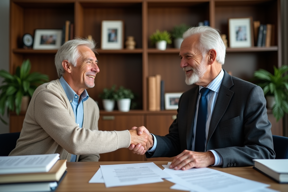 Deux hommes âgés se serrant la main dans un bureau à domicile