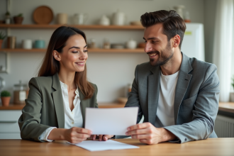 Deux adultes signent un contrat dans une cuisine lumineuse