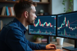 Trader analysant un double bottom sur ses écrans de trading dans un bureau moderne