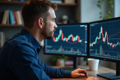Trader analysant un double bottom sur ses écrans de trading dans un bureau moderne