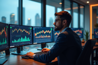 Trader confiant dans un bureau moderne avec écrans financiers