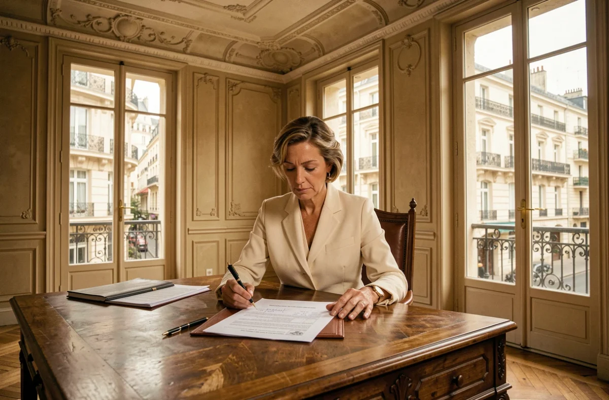 Courtière d'Urania Assurances dans un bureau élégant de style haussmannien à Marseille révisant un dossier client