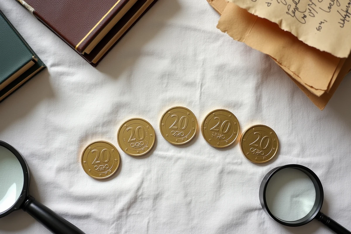 Vue aérienne de plusieurs pièces de 2 euros Jeux Olympiques 2026 disposées sur tissu blanc avec guide de valeur et loupe pour estimation numismatique