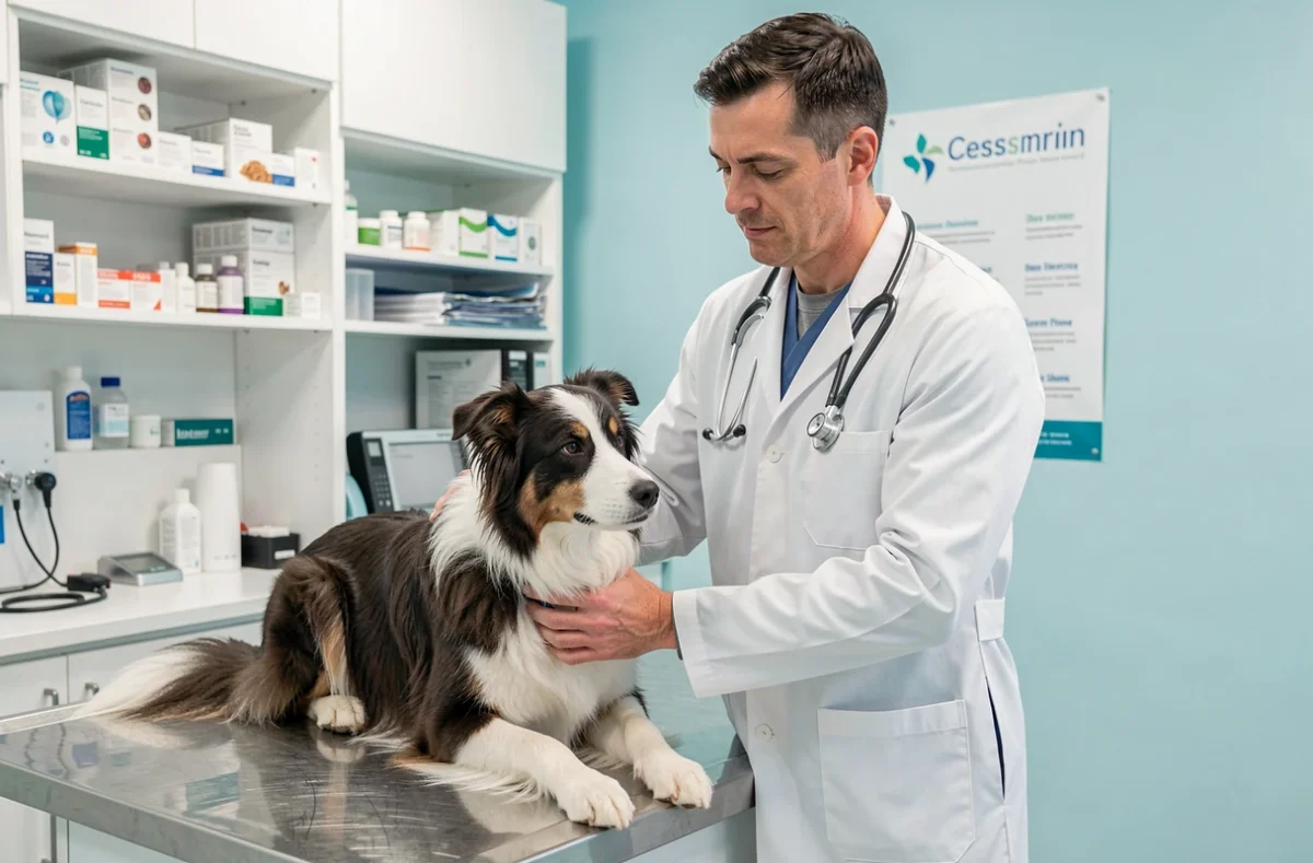 Vétérinaire examinant un border collie dans une clinique vétérinaire moderne, contexte assurance chien