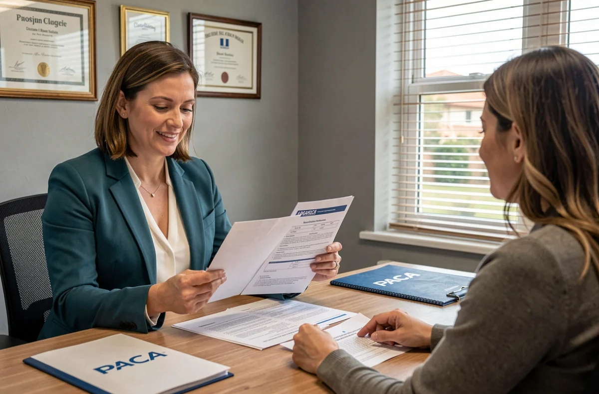 Conseillère Vous Financer présentant une offre de crédit et d'assurance emprunteur à des clients en PACA