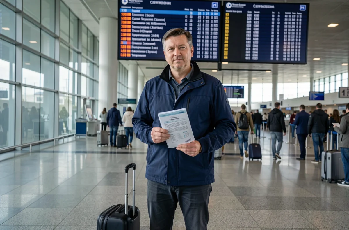 Voyageur tenant une police d'assurance voyage dans un terminal d'aéroport international avec des panneaux en cyrillique