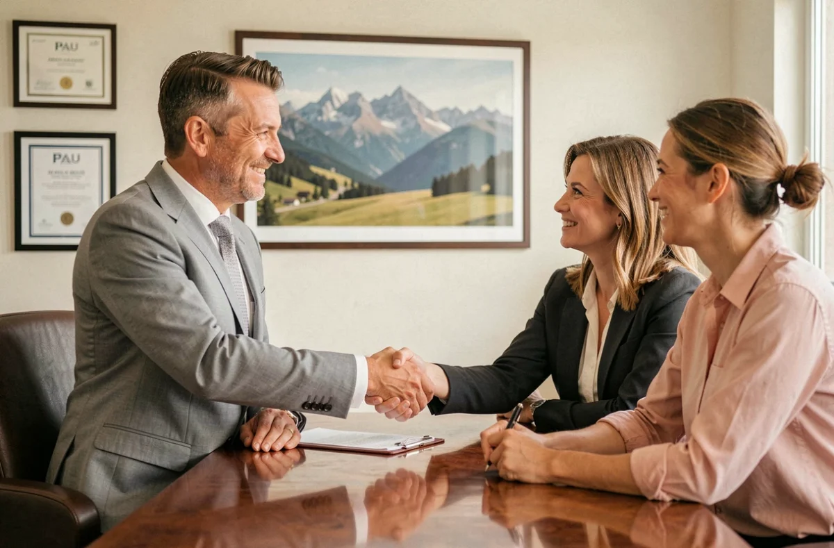 Conseiller Ymanci Pau concluant un accord de financement immobilier avec un couple dans un bureau de prestige à Pau